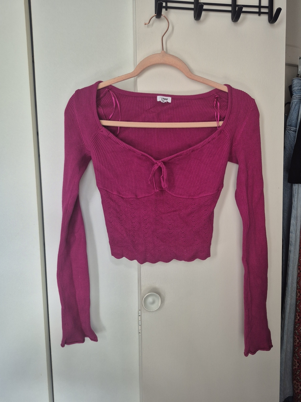 Garage Fuchsia Ribbed Long Sleeve Tie-Front Top
